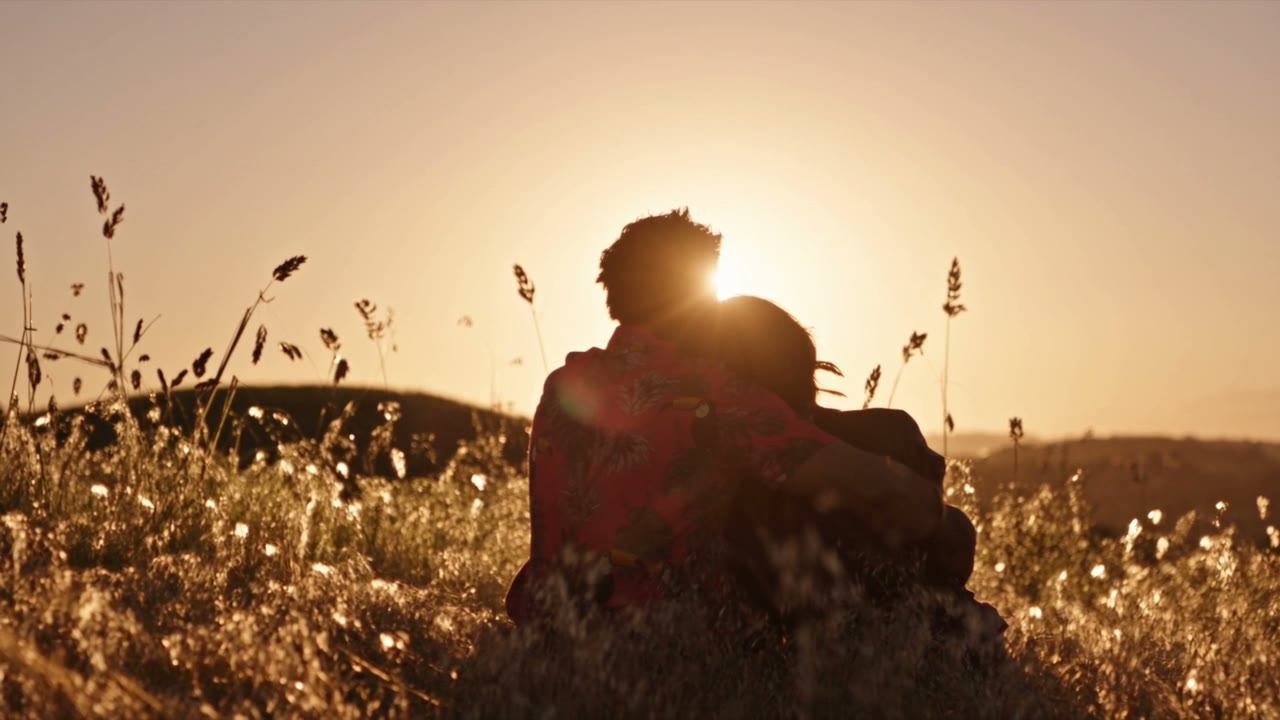 Dos personas sentadas en un campo al atardecer, a contraluz