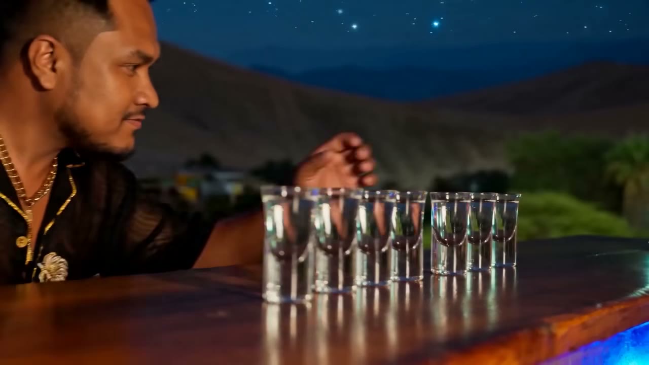 Una pareja brinda con shots de pisco en un bar de noche
